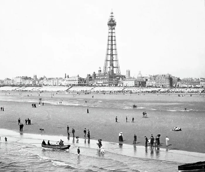 Framed Print : Blackpool Tower and beach, Victorian period Framed Print : Blackpool Tower and beach, Victorian period