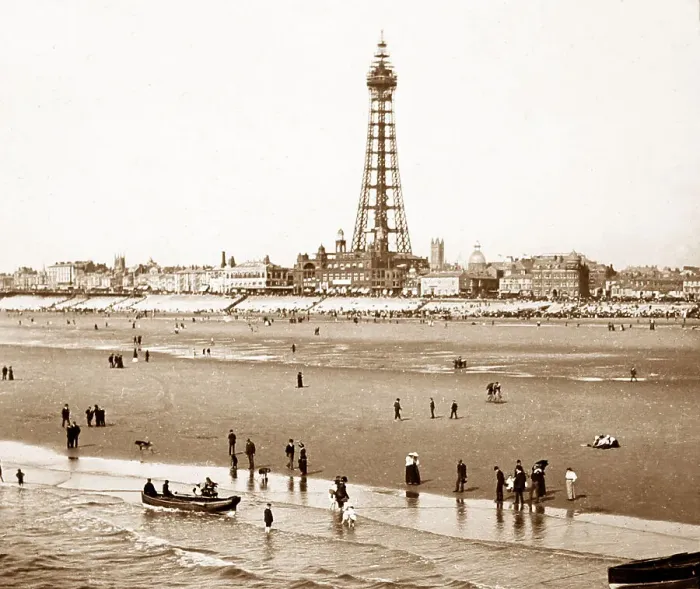 Framed Print : Blackpool Tower and beach, Victorian period Framed Print : Blackpool Tower and beach, Victorian period