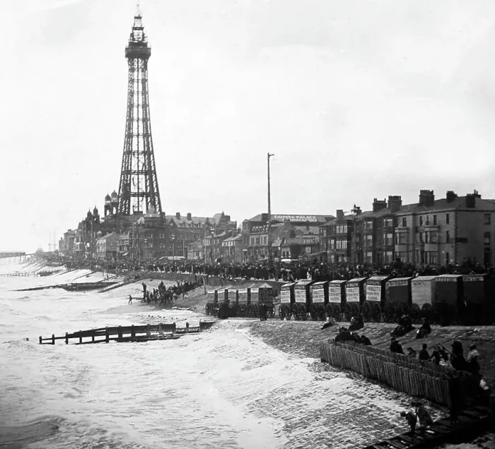 Framed Print : Blackpool Tower and beach, Victorian period Framed Print : Blackpool Tower and beach, Victorian period