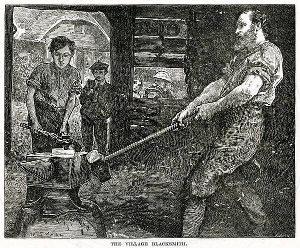 Blacksmith hammering at a lump of metal with a long hammer