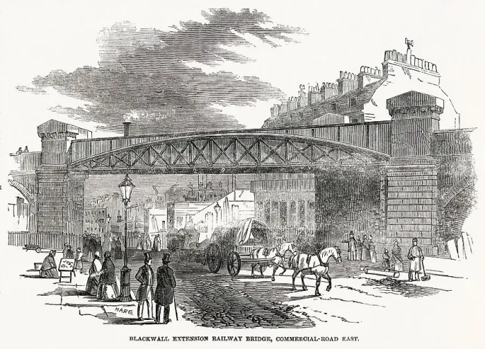 Framed Print : Blackwall Extension Railway Bridge over the Commercial-Road East. The new link in the metropolitan system of railways was to bring the Eastern Counties and other lines terminating at Shoreditch. Date: 1849 Framed Print : Blackwall Extension Railway Bridge over the Commercial-Road East. The new link in the metropolitan system of railways was to bring the Eastern Counties and other lines terminating at Shoreditch. Date: 1849