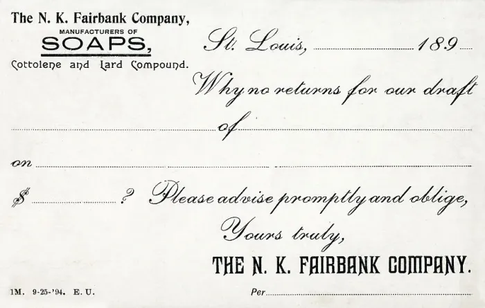 Framed Print : Blank Returns Postcard - N. K. Fairbank Company Soap Framed Print : Blank Returns Postcard - N. K. Fairbank Company Soap