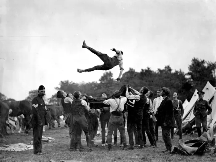 Framed Print : Blanket tossing at Tadworth Camp, Surrey Framed Print : Blanket tossing at Tadworth Camp, Surrey