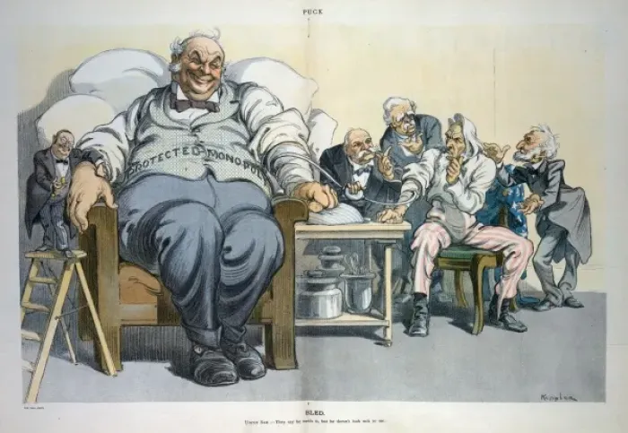 Framed Print : Bled. Illustration shows an oversized, bloated man labeled Protected Monopoly Framed Print : Bled. Illustration shows an oversized, bloated man labeled Protected Monopoly