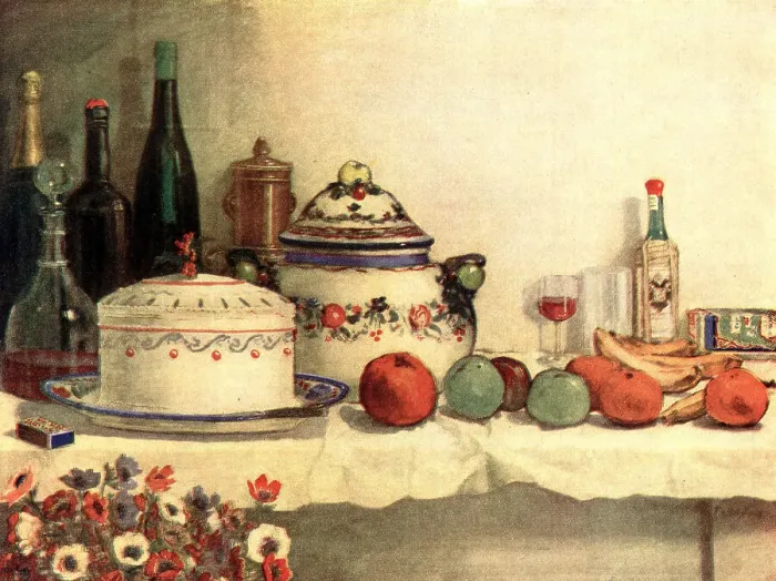 Framed Print : Blighty. A large still life oil painting showing a table laden with objects Framed Print : Blighty. A large still life oil painting showing a table laden with objects