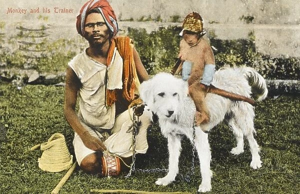 Blind Trainer with a Monkey (riding a white dog) - India