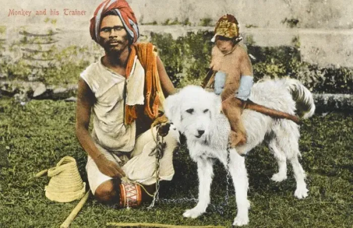 Framed Print : Blind Trainer with a Monkey (riding a white dog) - India Framed Print : Blind Trainer with a Monkey (riding a white dog) - India