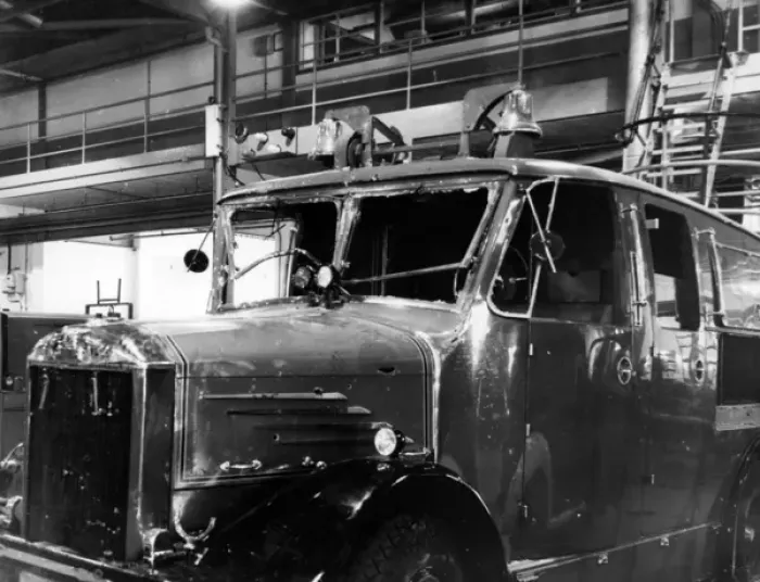 Framed Print : Blitz in London -- bomb damaged pump vehicle, WW2 Framed Print : Blitz in London -- bomb damaged pump vehicle, WW2