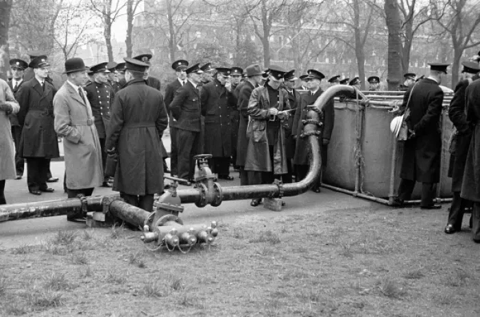 Framed Print : Blitz in London -- emergency water mains for firefighting Framed Print : Blitz in London -- emergency water mains for firefighting