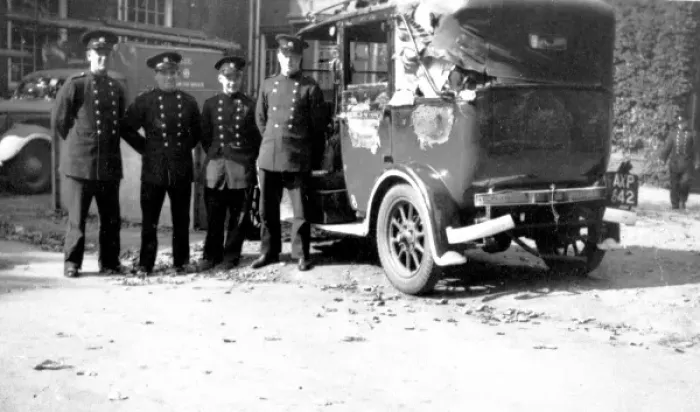 Framed Print : Blitz in London -- firefighters with damaged vehicle, WW2 Framed Print : Blitz in London -- firefighters with damaged vehicle, WW2