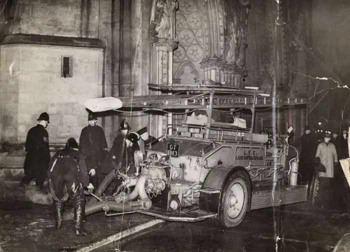 Framed Print : Blitz in London -- firefighters outside a church, WW2 Framed Print : Blitz in London -- firefighters outside a church, WW2