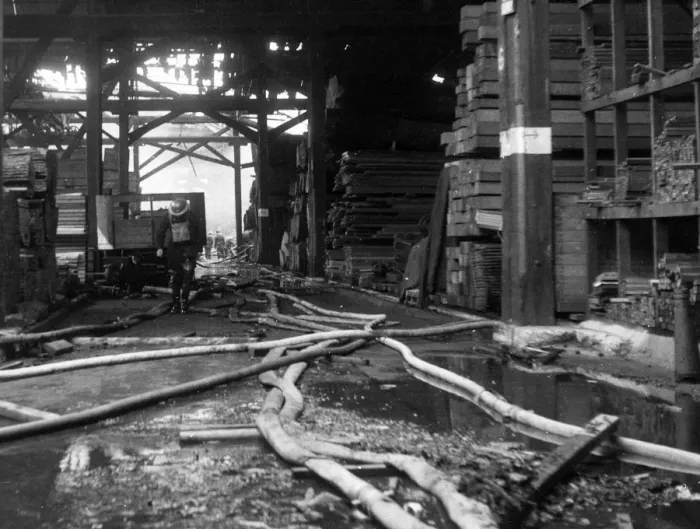 Framed Print : Blitz in London -- Howards Timber Yard, Poplar, WW2 Framed Print : Blitz in London -- Howards Timber Yard, Poplar, WW2