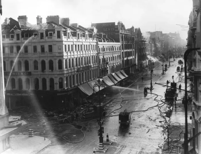 Framed Print : Blitz in London -- John Lewis, Oxford Street, WW2 Framed Print : Blitz in London -- John Lewis, Oxford Street, WW2
