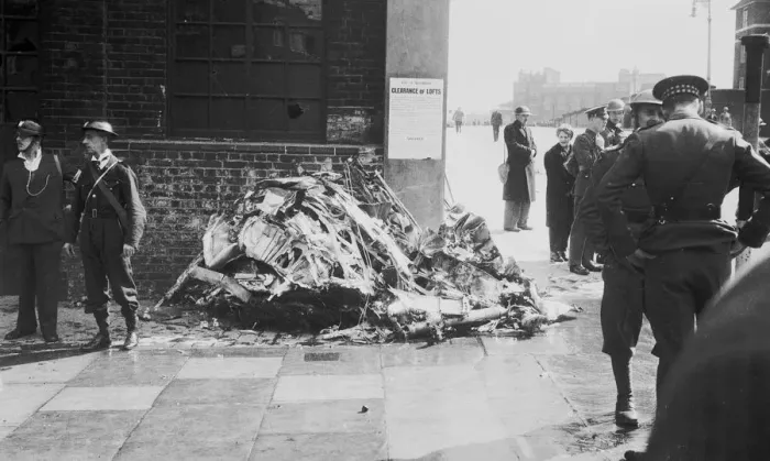 Framed Print : Blitz in London -- wreckage of Hurricane fighter plane, WW2