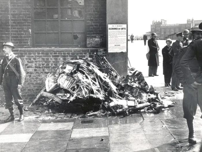 Framed Print : Blitz in London -- wreckage of Hurricane fighter plane, WW2 Framed Print : Blitz in London -- wreckage of Hurricane fighter plane, WW2