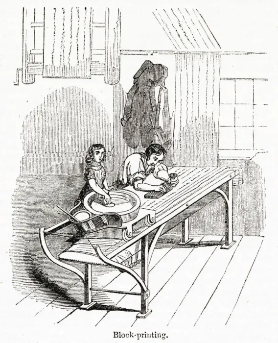 Framed Print : Block Printing, Thomas Hoyles Print Works, Manchester 1843 Framed Print : Block Printing, Thomas Hoyles Print Works, Manchester 1843