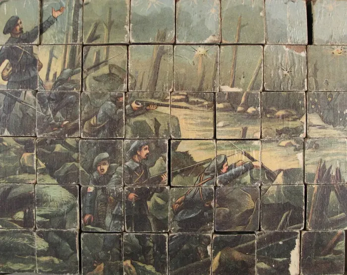 Framed Print : Block puzzle with French battle scene, WW1 Framed Print : Block puzzle with French battle scene, WW1
