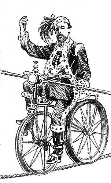 Blondin riding a bicycle on a high-wire, 19th century
