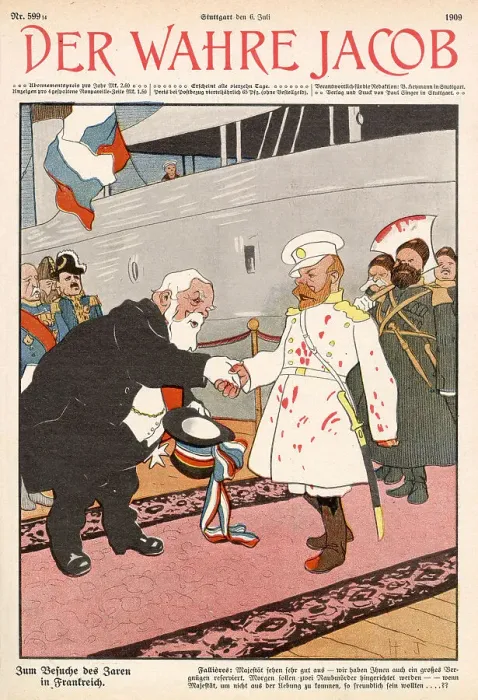 Framed Print : The Bloodstained Tsar is welcome in France. Date: 1909 Framed Print : The Bloodstained Tsar is welcome in France. Date: 1909