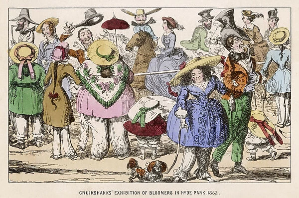 Bloomerism 1852. Cruikshanks Exhibition of Bloomers in Hyde Park - a satire