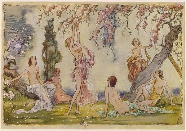 Blossoms. A colour illustration of a group of scantily clad ladies picking blossom flowers