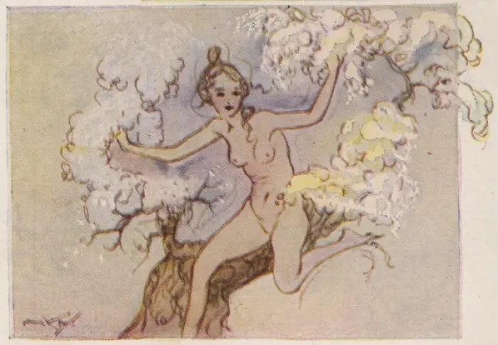 Framed Print : Blossoms. A colour illustration of a young lady running through blossom trees Framed Print : Blossoms. A colour illustration of a young lady running through blossom trees