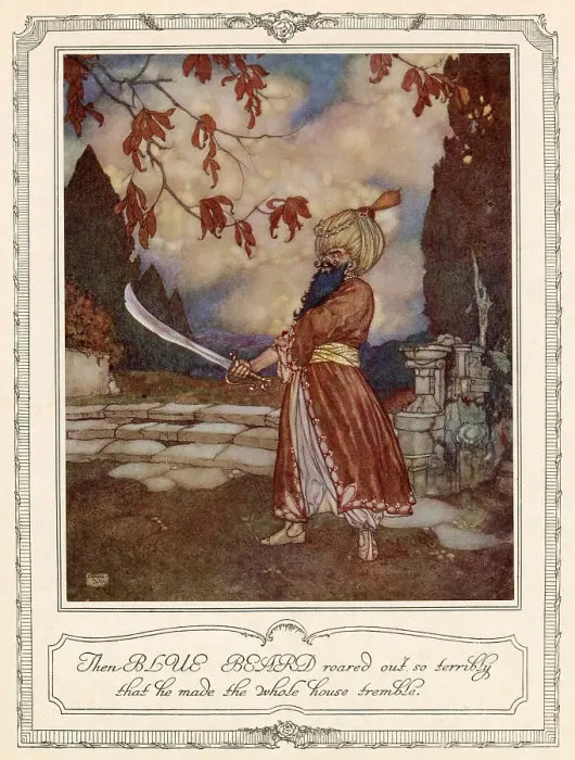 Framed Print : The BLUE BEARD roared out so terribly that he made the whole house tremble. Scene from Bluebeard illustrated by Edmund Dulac. Date: 1911 Framed Print : The BLUE BEARD roared out so terribly that he made the whole house tremble. Scene from Bluebeard illustrated by Edmund Dulac. Date: 1911