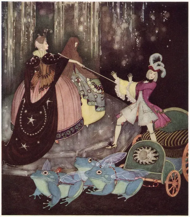 Framed Print : The Blue Bird, a French fairy tale. The Prince took a carriage drawn by three great frogs with great big wings...Truitonne came out mysteriously by a little door. Illustration by Edmund Dulac. Date: 1916 Framed Print : The Blue Bird, a French fairy tale. The Prince took a carriage drawn by three great frogs with great big wings...Truitonne came out mysteriously by a little door. Illustration by Edmund Dulac. Date: 1916
