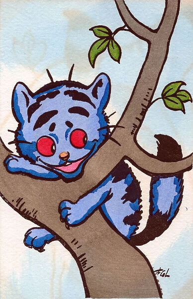 Blue cat in a tree on a postcard