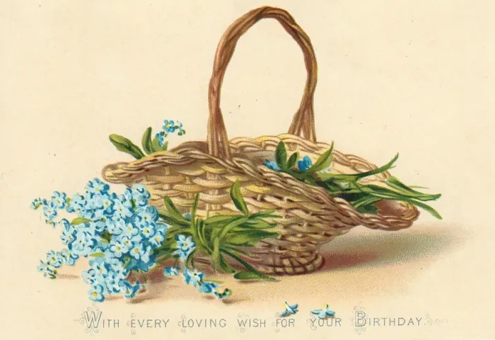 Framed Print : Blue flowers and a basket on a birthday card Framed Print : Blue flowers and a basket on a birthday card