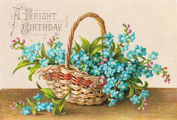 Framed Print : Blue flowers in a basket on a birthday card Framed Print : Blue flowers in a basket on a birthday card