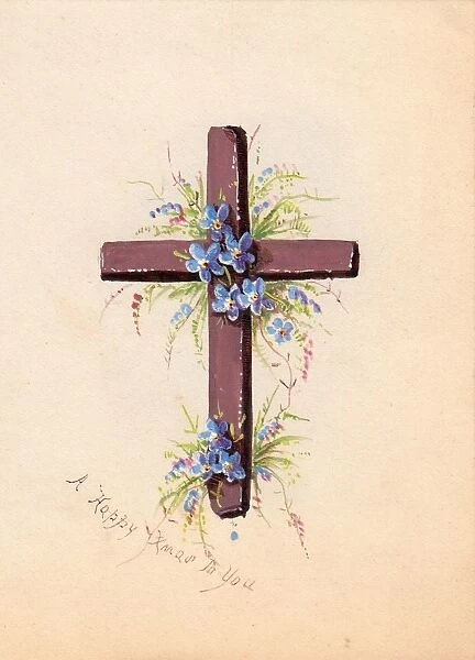 Blue flowers and cross on a hand-coloured Christmas card