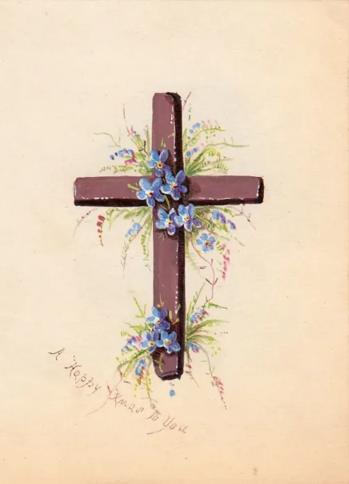 Framed Print : Blue flowers and cross on a hand-coloured Christmas card Framed Print : Blue flowers and cross on a hand-coloured Christmas card
