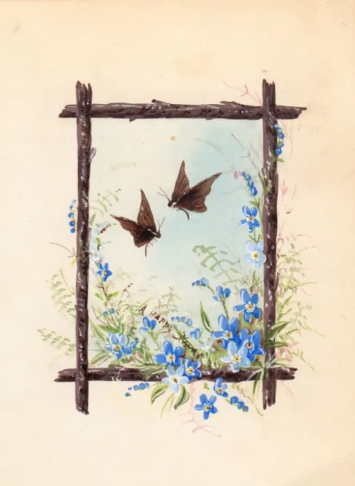 Framed Print : Blue flowers on a hand-coloured Christmas card Framed Print : Blue flowers on a hand-coloured Christmas card