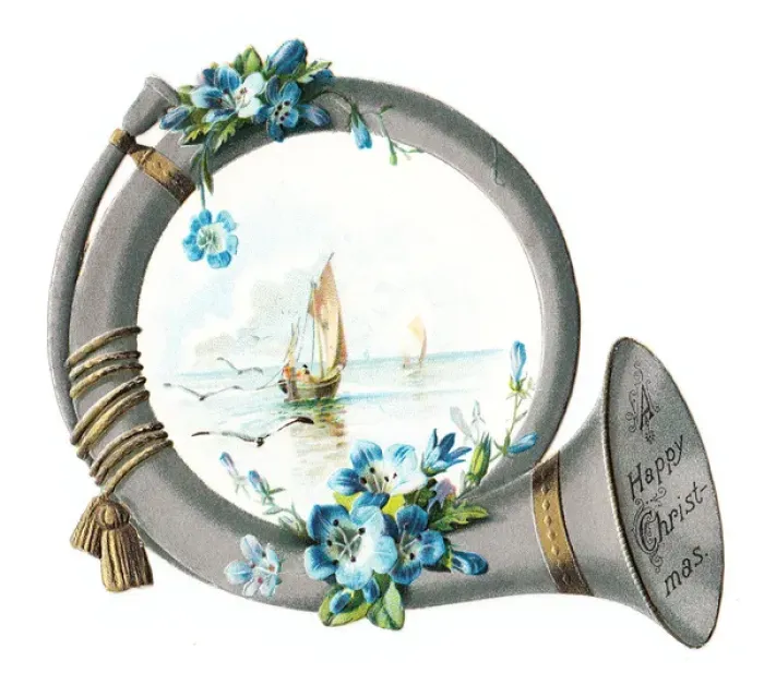 Framed Print : Blue flowers on a horn-shaped Christmas card Framed Print : Blue flowers on a horn-shaped Christmas card