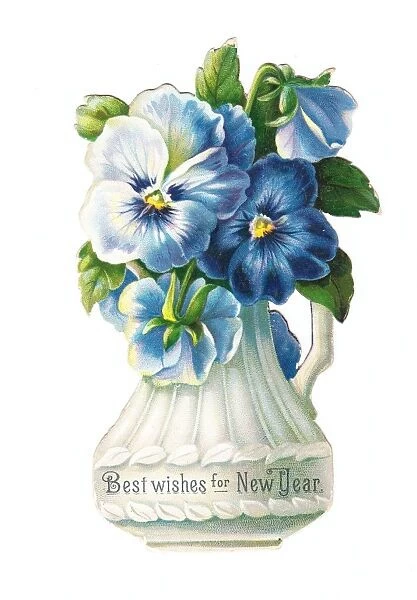 Blue flowers in a white jug on a cutout New Year card