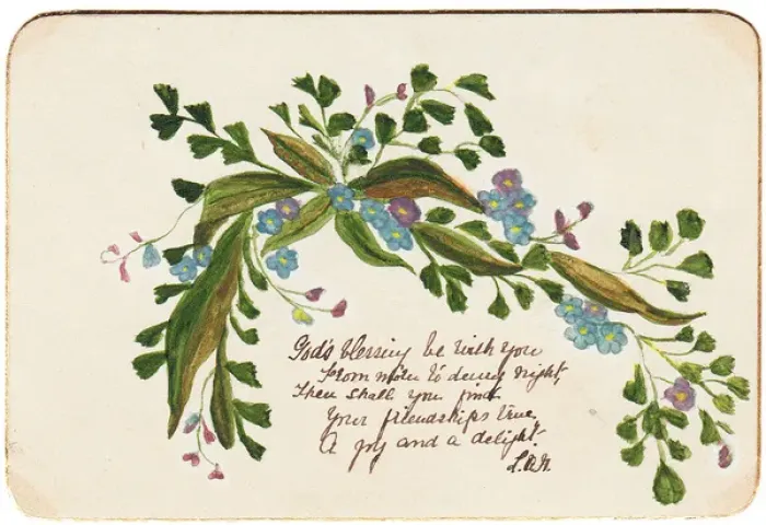 Framed Print : Blue and mauve flowers on a hand-coloured card Framed Print : Blue and mauve flowers on a hand-coloured card