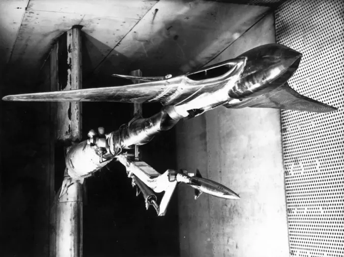 Framed Print : Blue Steel model on a string below a Handley Page Victor mod Framed Print : Blue Steel model on a string below a Handley Page Victor mod