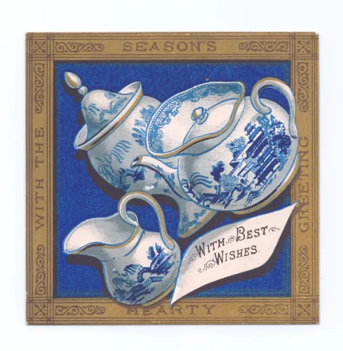 Framed Print : Blue and white china on a Christmas postcard Framed Print : Blue and white china on a Christmas postcard