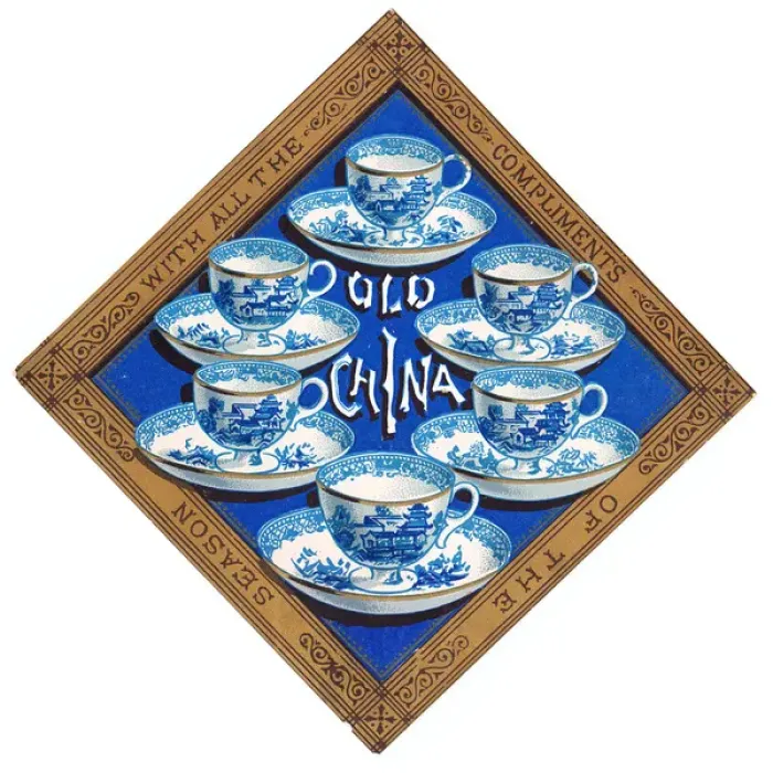 Framed Print : Blue and white china cups and saucers on a Christmas card Framed Print : Blue and white china cups and saucers on a Christmas card