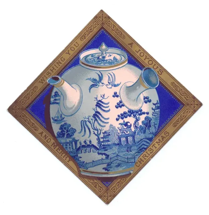 Framed Print : Blue and white china teapot on a Christmas card Framed Print : Blue and white china teapot on a Christmas card