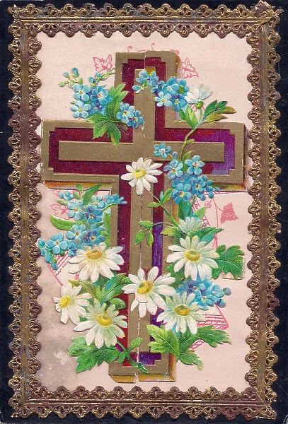 Blue and white flowers with cross on a greetings card