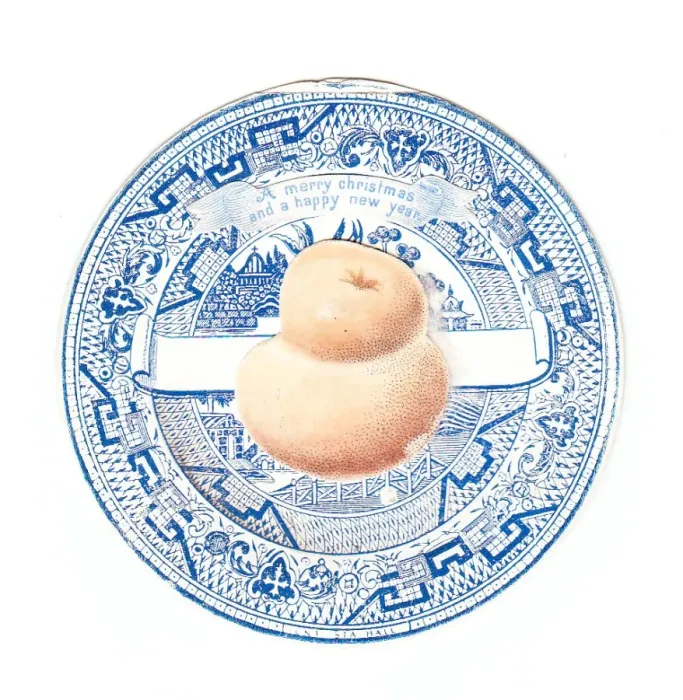Framed Print : Blue and white plate with bread on a Christmas card