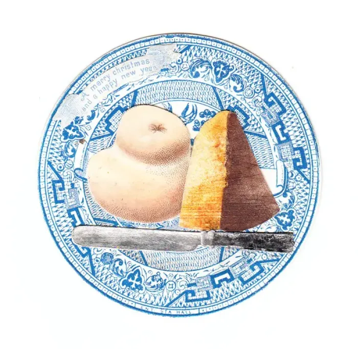 Framed Print : Blue and white plate with bread on a Christmas card Framed Print : Blue and white plate with bread on a Christmas card