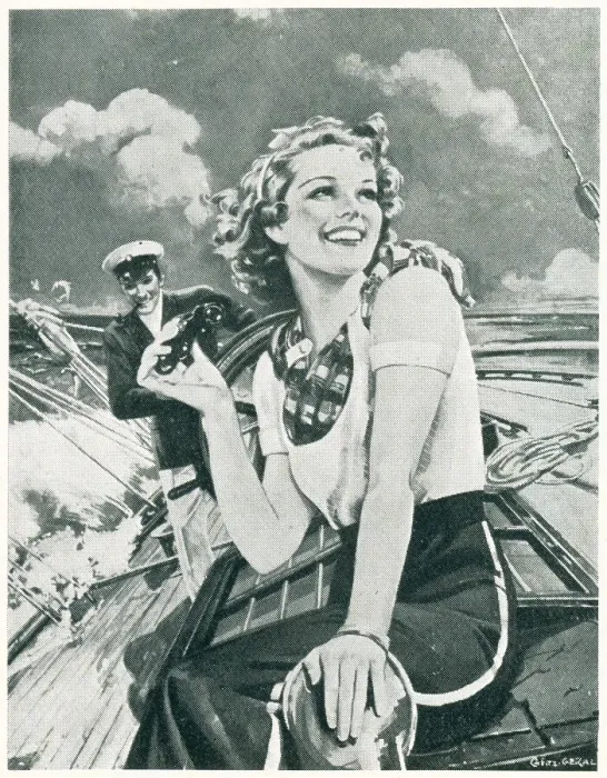 Framed Print : On A Boat. An advertisement illustration showing a smiling young woman Framed Print : On A Boat. An advertisement illustration showing a smiling young woman