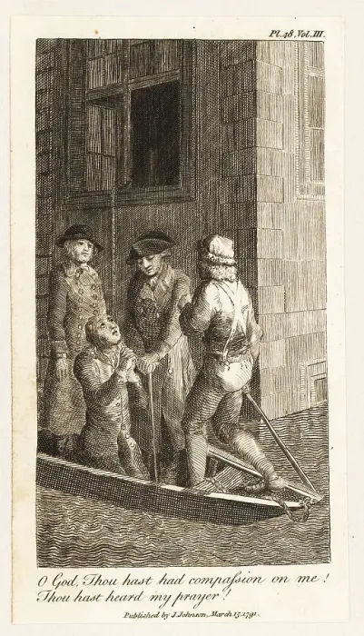 Framed Print : Boatmen rescuing a man from a building in a flood, 18th century Framed Print : Boatmen rescuing a man from a building in a flood, 18th century