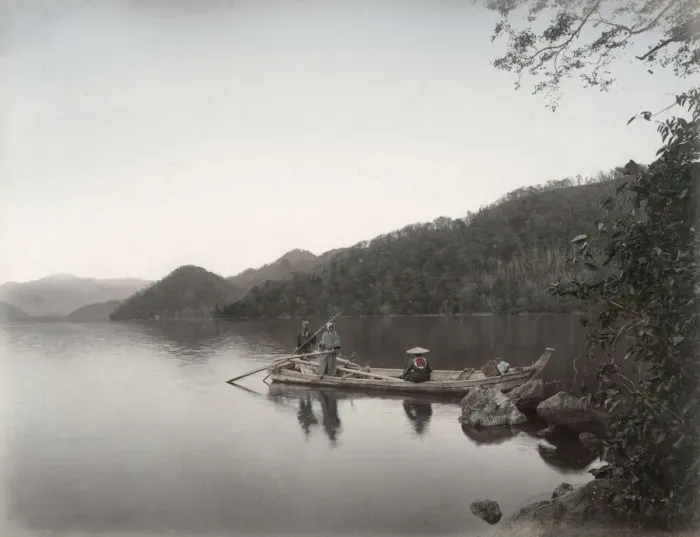 Framed Print : Boatmen on a tranquil lake, Japan Framed Print : Boatmen on a tranquil lake, Japan