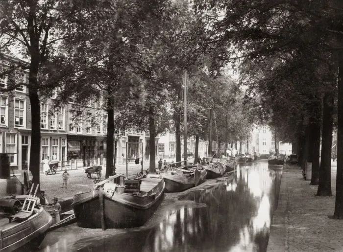 Framed Print : Boats on a canal, Delft, Netherlands, c. 1890 Framed Print : Boats on a canal, Delft, Netherlands, c. 1890
