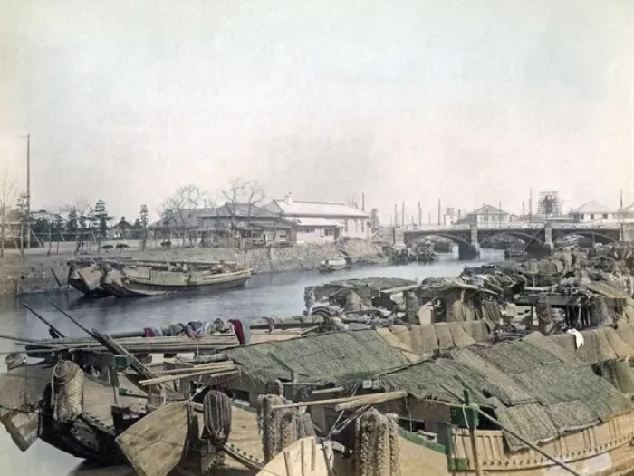 Framed Print : Boats in the creek, Yokohama, Japan, circa 1880s