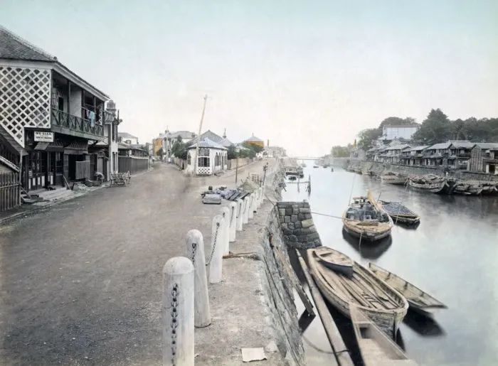 Framed Print : Boats in the creek, Yokohama, Japan, circa 1880s. Date: circa 1880s Framed Print : Boats in the creek, Yokohama, Japan, circa 1880s. Date: circa 1880s